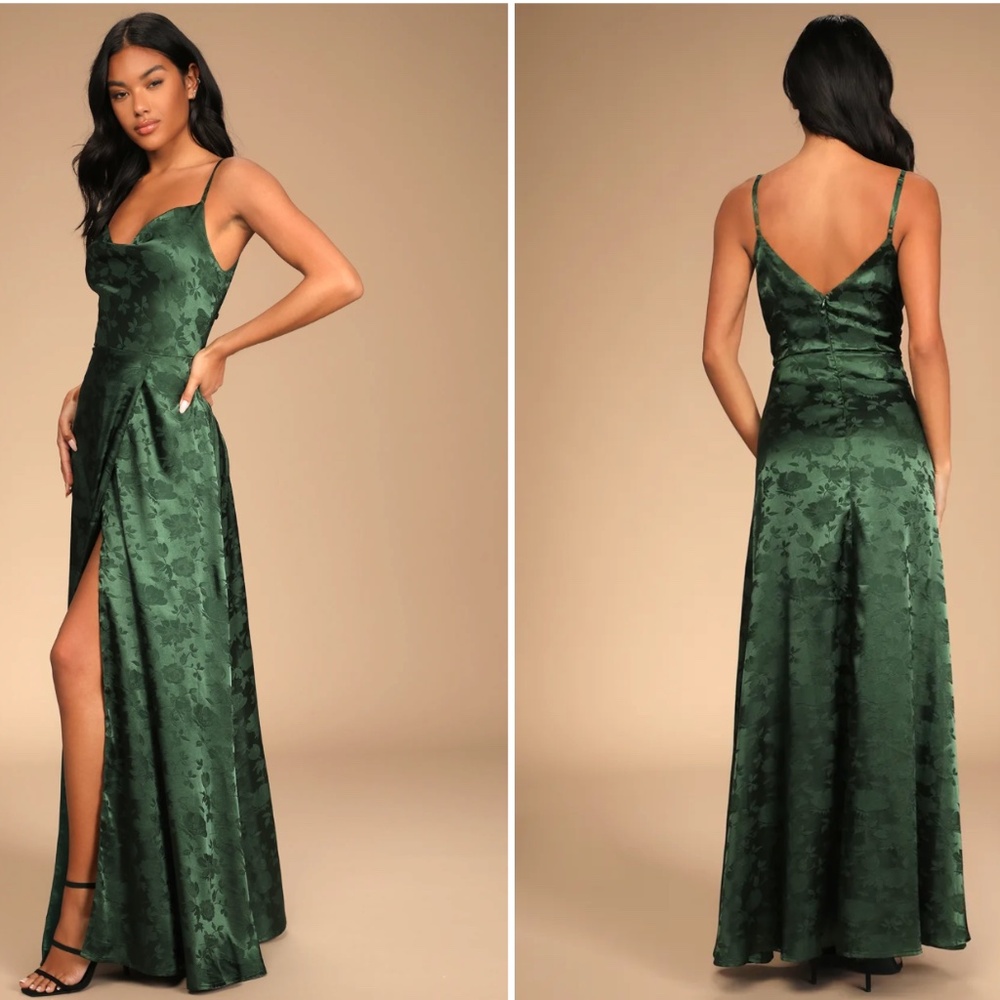 Simply Dreamy Emerald Green Satin Floral Jacquard Maxi Dress